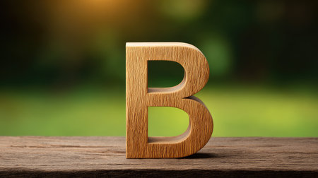 Close-up of wooden letter B standing on rustic wood table, natural texture and warm light with ample copy spaceの素材