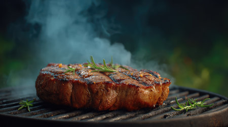Charcoal-grilled steak under natural light with rustic background and herbs scattered, outdoor barbecue feel with copy spaceの素材