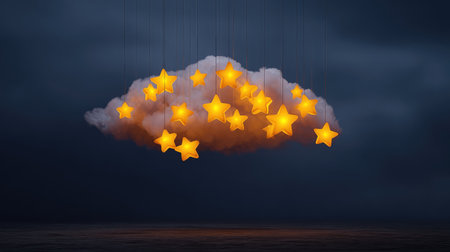 Cluster of glowing idea icons shaped like stars over a night sky background, symbol of creative dreaming with spaceの素材