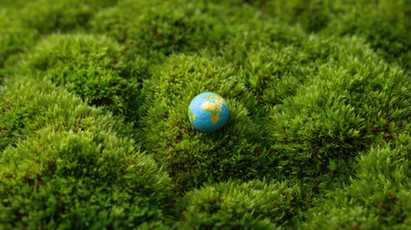 A small globe nestled in lush green moss, symbolizing global environmental care and conservation with surrounding empty spaceの素材