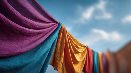 Colorful laundry drying outdoors in sunlight, slow living and home lifestyle with nature and breeze with spaceの素材