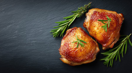 Grilled chicken thighs with crispy skin placed on black slate, garnished with thyme and herbs, rich texture with copy spaceの素材