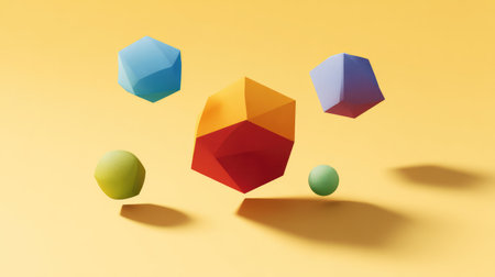 Floating multicolor geometric shapes casting shadows on a minimalist surface, symbolizing abstract thinking and ideas with empty spaceの素材