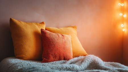 Cozy bedroom corner with soft blankets, textured pillows, and hanging fairy lights creating warm ambiance with blank areaの素材