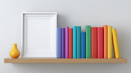 Empty picture frame positioned on a bookshelf with colorful books, vibrant and creative space for designの素材