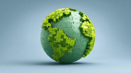 Earth made of green puzzle pieces, a few missing, symbolizing collaborative ideas to solve global issues with spaceの素材