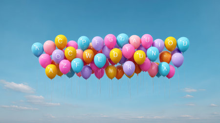 Letter-shaped balloons A to Z in pastel colors floating against soft sky background with plenty of empty spaceの素材
