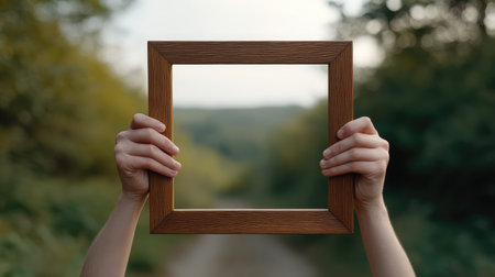 Empty wooden frame held up in front of blurred nature background, outdoor rustic scene with plenty of copy spaceの素材