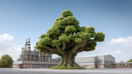 Industrial factory transforming into a tree with gradual morphing design, concept of eco-transition and conservationの素材