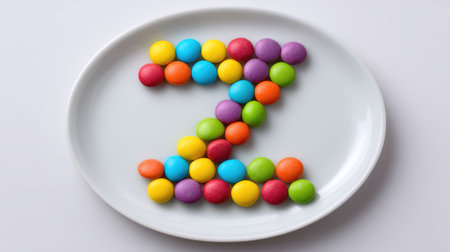Letters A to Z made from colorful candy pieces arranged on a white plate, playful and sweet concept with copy spaceの素材