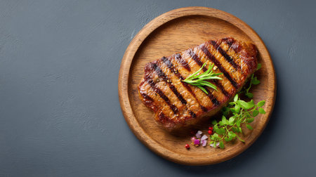 Grilled steak on round wooden board with visible grill lines and garnishes, rustic texture with empty copy spaceの素材