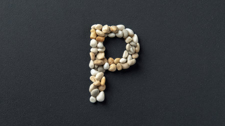 Letter P shaped by tiny white pebbles on dark sand background, natural and minimalist with room to add textの素材