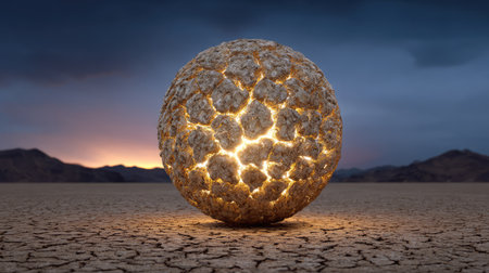 Light bursting through cracks in a dry globe, concept of breakthrough sustainability ideas with dramatic spaceの素材