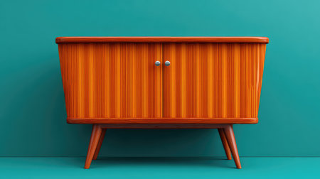 Mid-century modern cabinet with angled legs and wood finish, retro furniture look with copy spaceの素材
