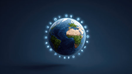 Light particles forming Earth in space with glowing eco icons orbiting, symbol of global innovation and ideas to save the worldの素材