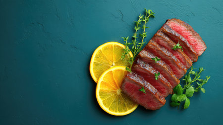 Rare steak sliced into strips with grilled lemon and thyme, meat and citrus combination with copy spaceの素材