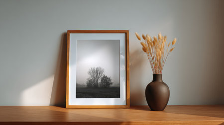 Minimalist thin wooden frame holding black and white photography print on light wooden surface with spaceの素材
