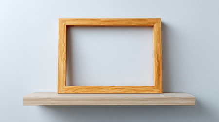 Minimalist wooden picture frame standing on a white shelf, soft natural light, clean background with ample copy spaceの素材