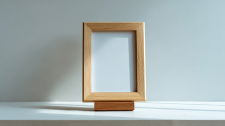Minimalist wooden picture frame standing on a white shelf, soft natural light, clean background with ample copy spaceの素材