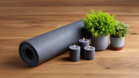 Neatly arranged yoga mat, candles, and indoor plants on a wooden floor, representing a wellness lifestyle with clean backgroundの素材