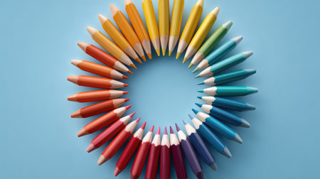Multiple pencils arranged in a circular pattern around an empty center, suggesting creative focus and space for your messageの素材