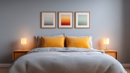 Modern bedroom with neutral bedding, minimalist bedside lamps, and framed prints, soft light with open spaceの素材