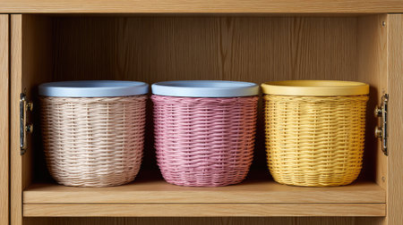 Open storage cabinet with baskets and organizers inside, home organization concept with copy space aroundの素材
