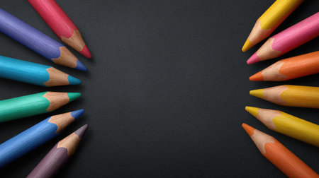 Neon colored pencil tips pointing toward the center on black surface, symbolizing focused creativity with central copy spaceの素材