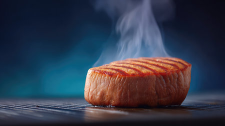 Overhead shot of steak with smoke rising from sizzling grill, rich mood lighting and clean compositionの素材