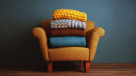 Pile of cozy knitwear and socks on a soft armchair, lifestyle of warmth and comfort in colder seasons with spaceの素材