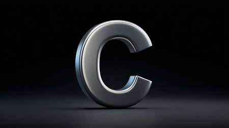 Modern metallic letter C with reflective surface on dark background, sleek design with space for text overlayの素材