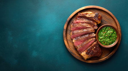 Porterhouse steak sliced and served with chimichurri on a wooden platter, vibrant color and texture with copy spaceの素材