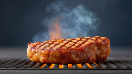 Perfect grill marks on ribeye steak over burning coals, smoke and fire combination with clean copy spaceの素材