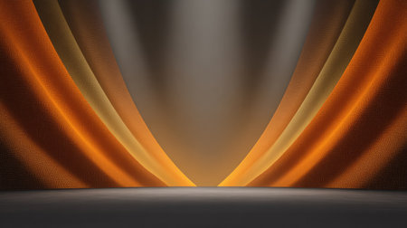 Stage backdrop with projected light rays forming a V-shape, dramatic symmetry and glow with blank areaの素材