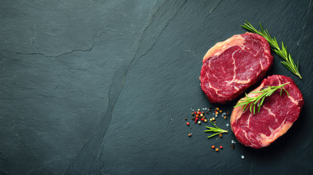 Raw beef steaks with marbling laid on stone board with herbs and seasoning, butcher-style setup with copy spaceの素材