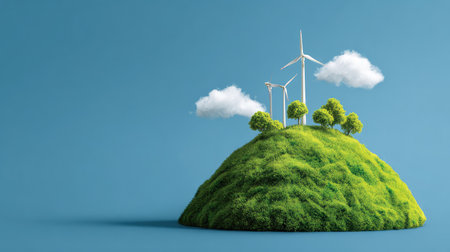 Sustainable energy icons rising above a green hill and Earth, showing harmony between nature and innovationの素材
