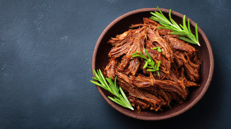 Slow-cooked beef brisket shredded with juices and herbs, rustic food photography with clean spaceの素材