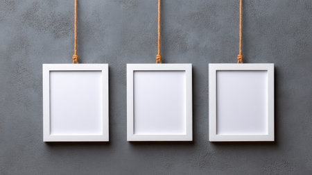 Set of three small picture frames hanging evenly spaced on a textured grey wall, minimalist interior with spaceの素材