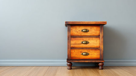 Vintage cabinet with drawers and brass handles on hardwood floor, rustic furniture style with open background spaceの素材