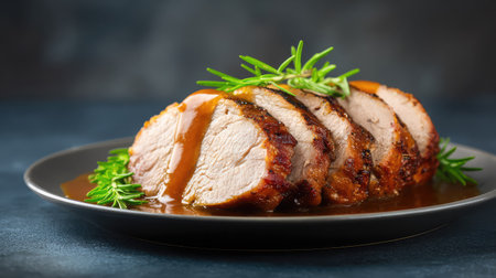 Thick slices of roast pork with crispy skin, layered with gravy and side garnish, top view with room for textの素材