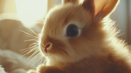 A close-up of a fluffy bunny's face with bright eyes, positioned on one side of the frame, leaving copy space on the other.の素材