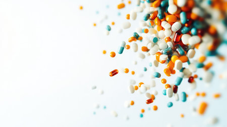 Abstract pharmacy background with soft pill bottle blur, floating capsules, and a clean, white space. No text, no people.の素材