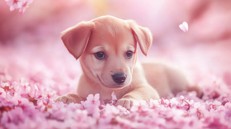 Adorable puppy surrounded by fallen cherry blossoms, soft pink hues and open space for text placement.の素材