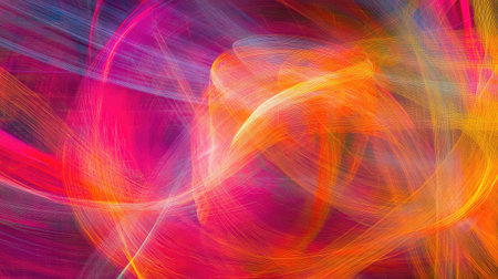 Abstract colorful light trails spiraling and weaving together, with glowing streaks of light that fade into dark space, providing a clean, empty area for text or branding. No text, no people.の素材