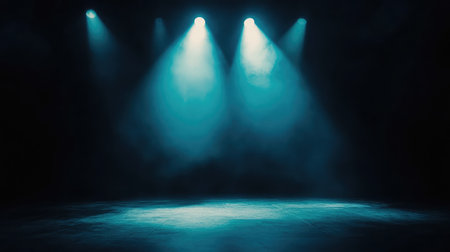 A club spotlight shining brightly on an empty floor, with light cutting through the dark, creating a gradient effect from the bright center to soft shadows around the room. No text, no people.の素材