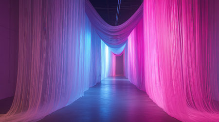 Abstract light beams forming a tunnel on stage, blending blue, pink, and purple tones. No text, no people.の素材