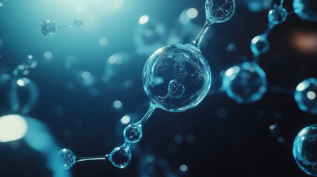 Abstract molecular structure background with DNA strands, scientific elements, and glowing blue tones. No text, no people.の素材