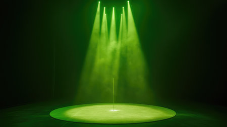 Abstract green spotlight in the center of a dark room, with light gradually fading out, creating a halo effect around the beam. No text, no people.の素材