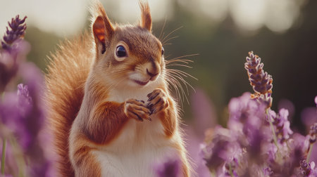 A fluffy squirrel standing near purple lavender, blurred background creating a dreamy copy space.の素材