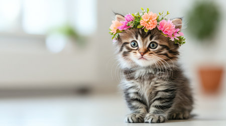 Adorable kitten wearing a tiny flower crown, sitting on a soft neutral background, ideal for copy space.の素材